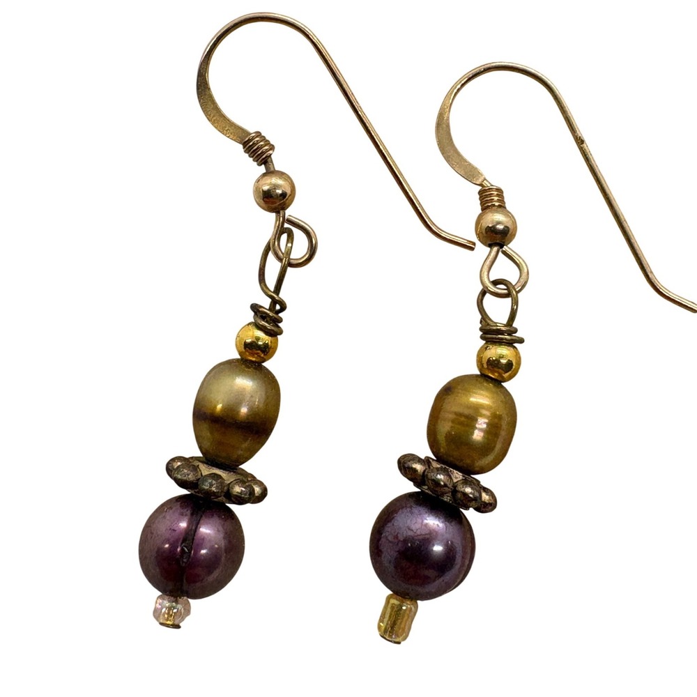 Vintage 14K Gold Filled Wire Pearl Drop Earrings Purple Green Boho Dangle
